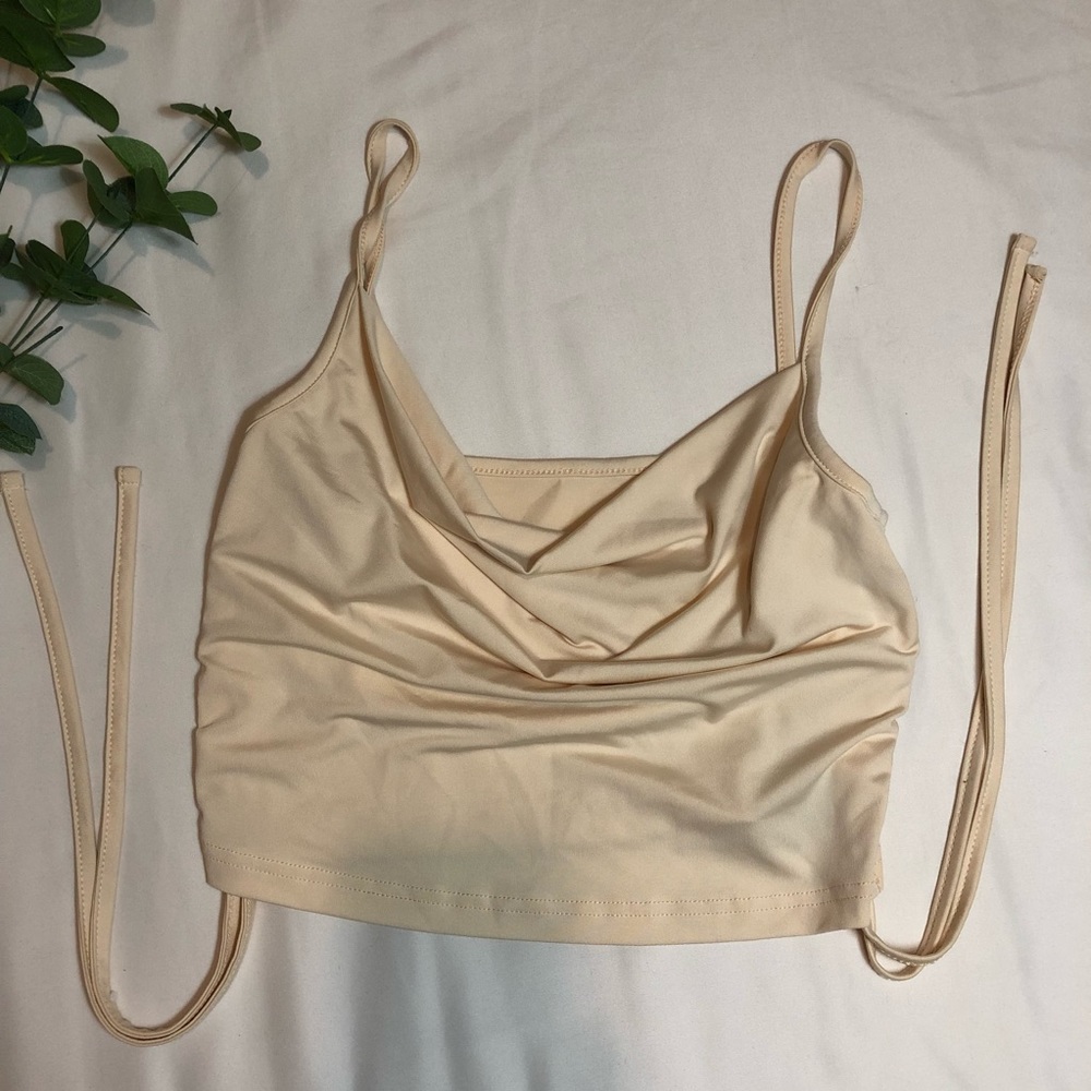 Cowl neck cream beige off white cropped cami, ruched on the sides, medium